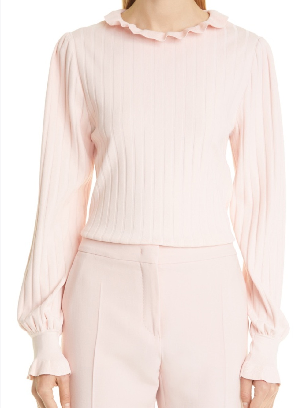 NWOT Max Mara Zoraide Sweater Ruffle Collar Mock Neck Ribbed Rose Blush L